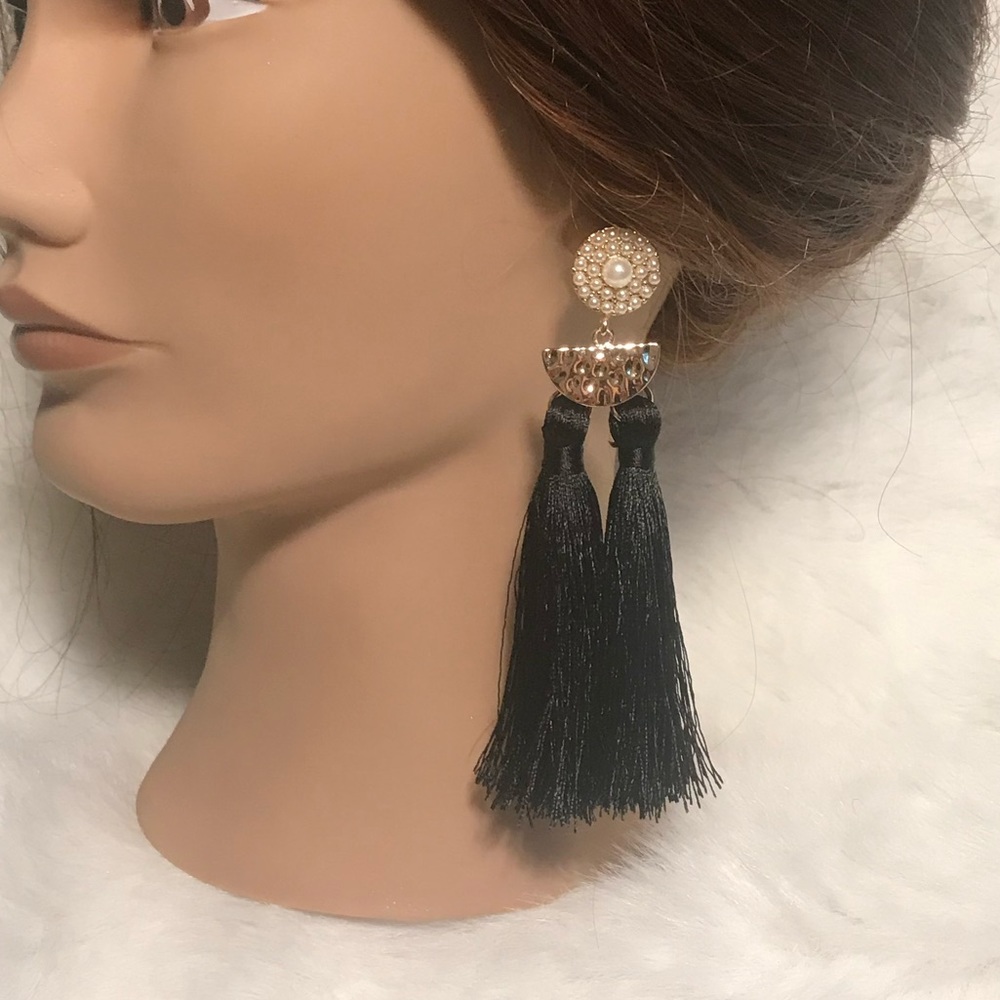 Sexy Gold Pearl & Black Tassel Earrings